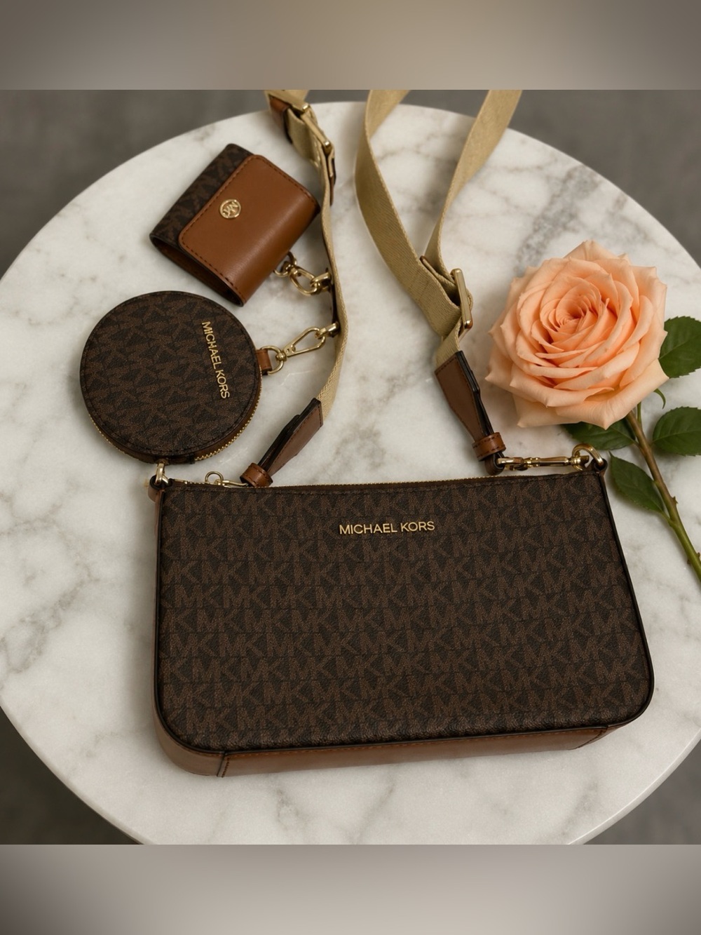Michael Kors Dark Brown MK Monogram Crossbody Trio